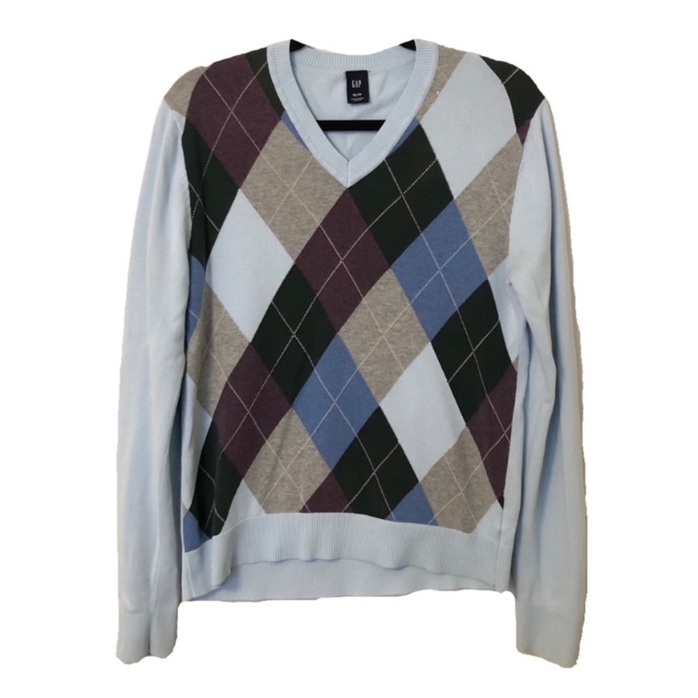 GAP Argyle Print Blue Long Sleeve V-Neck Sweater